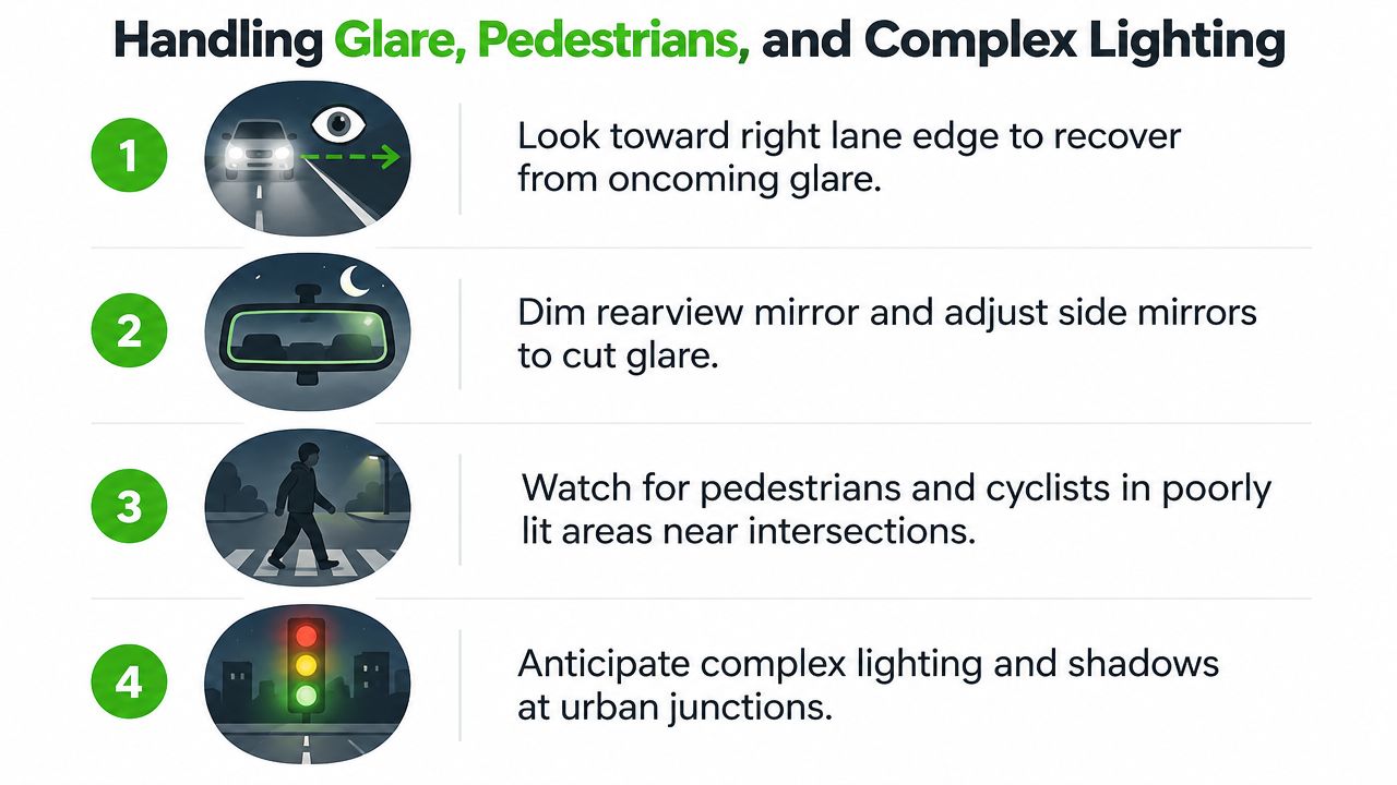 An infographic showing four steps for safely handling glare, pedestrians, and complex lighting while driving at night.