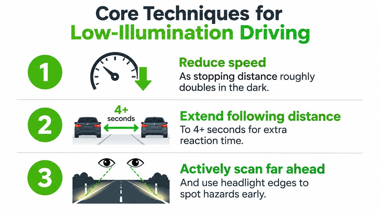 A safety infographic showing three tips for driving in low light conditions to improve road safety.