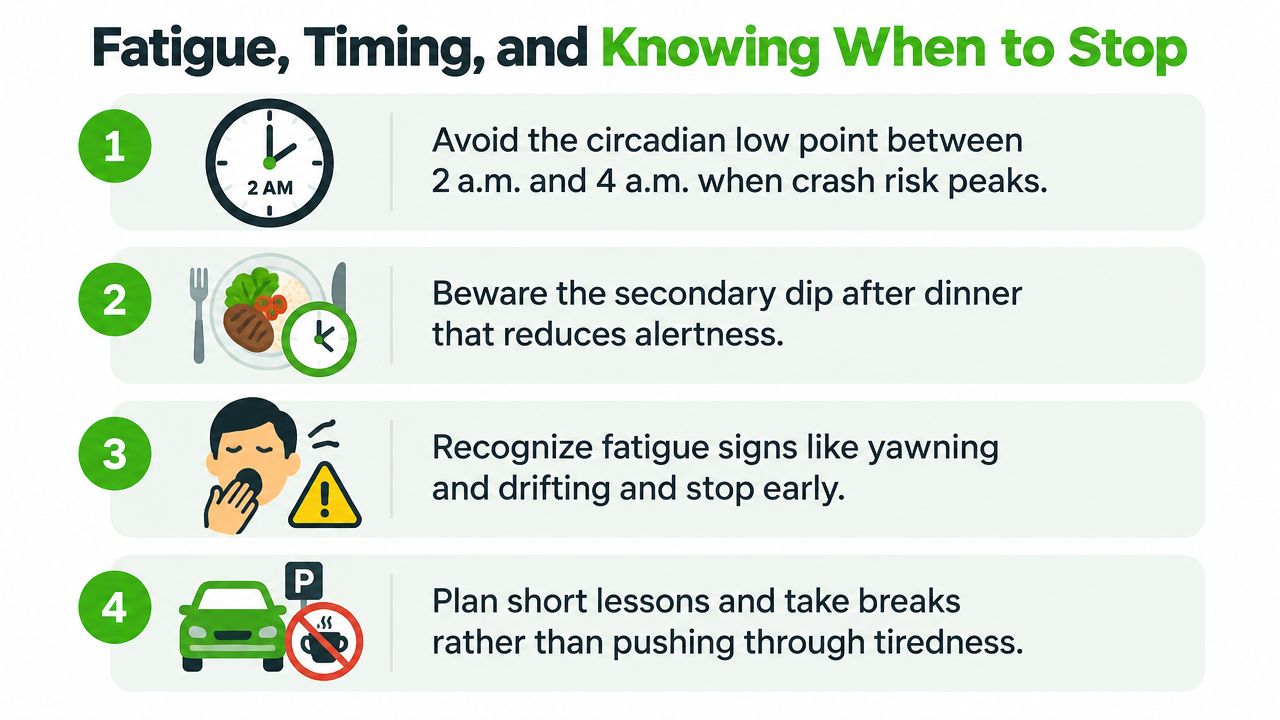 An infographic titled Fatigue, Timing, and Knowing When to Stop, offering four safety tips for driving.