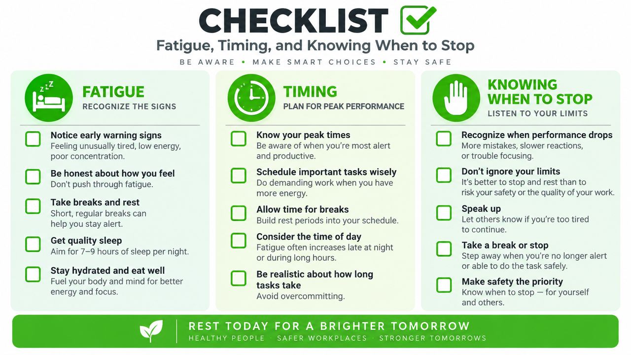 A safety checklist infographic about managing fatigue, timing, and knowing when to stop for better performance.