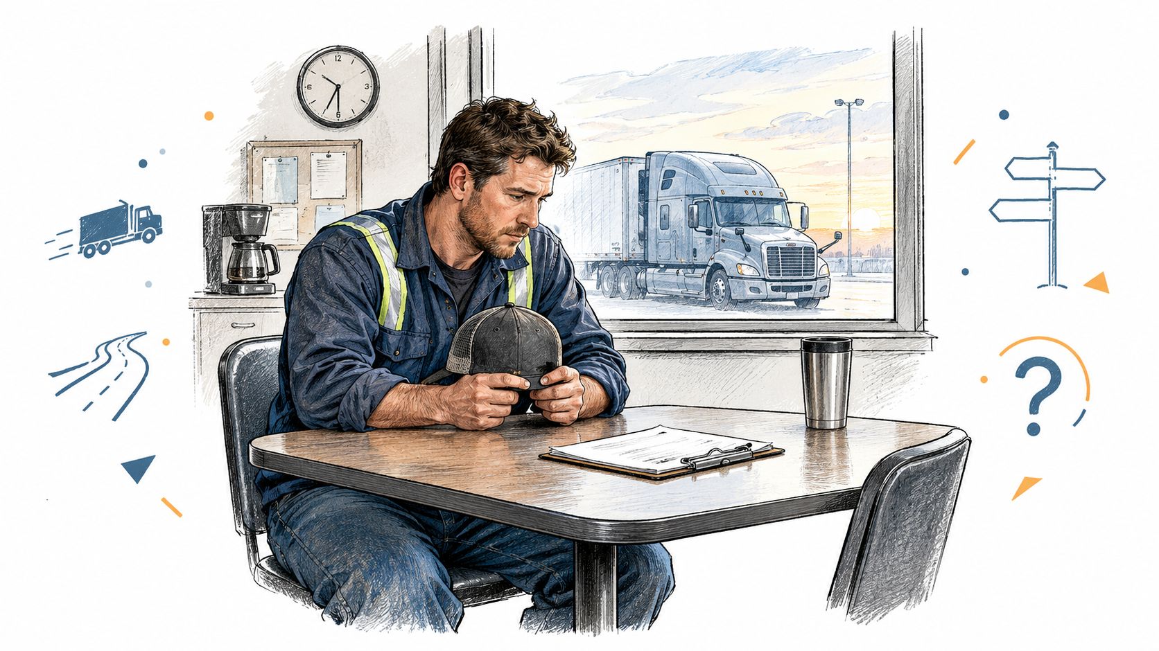 A truck driver sits at a table appearing contemplative, holding his cap with paperwork placed before him.