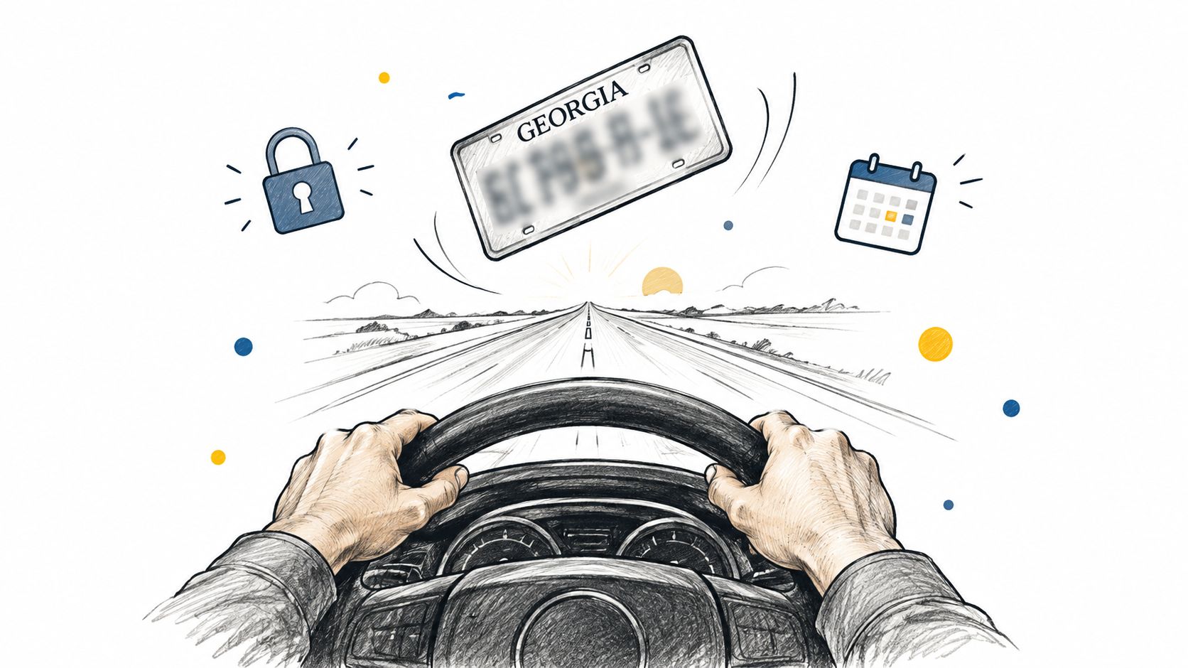 A first-person view of hands on a steering wheel driving on a highway with icons representing insurance.