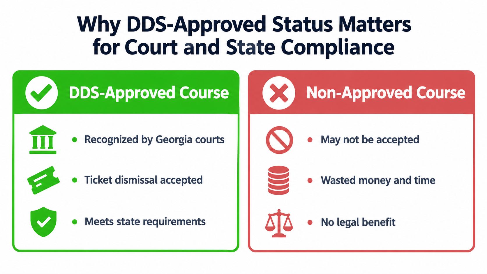 A comparison chart showing the benefits of taking a Georgia DDS-approved course versus a non-approved course.