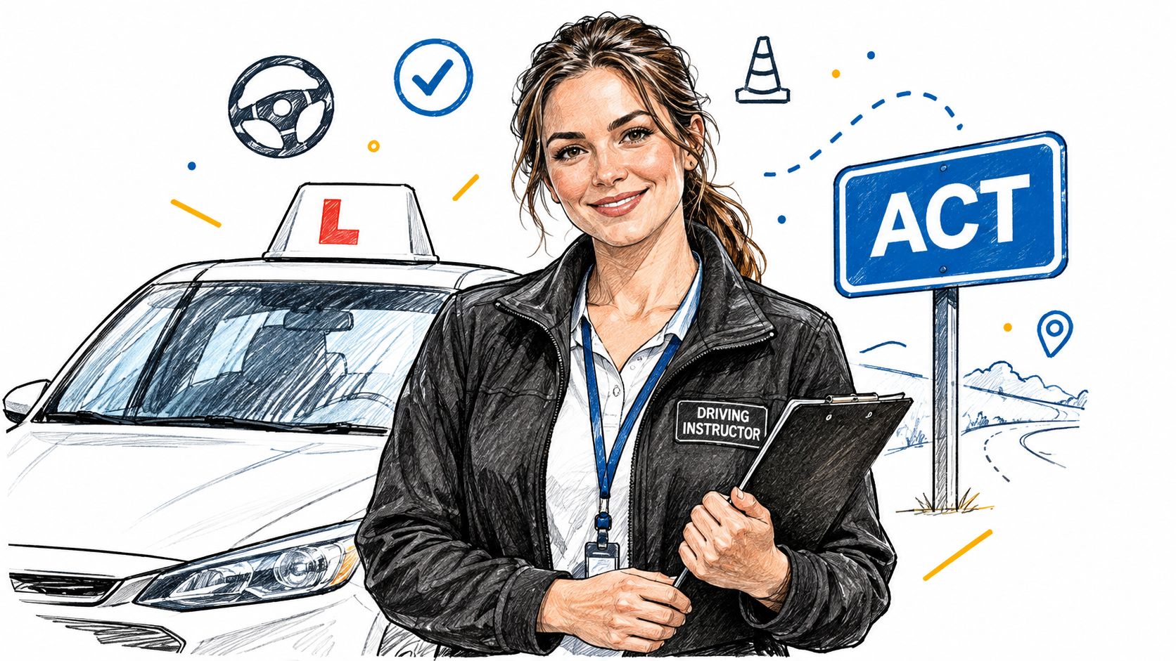 A professional driving instructor holding a clipboard in front of a white car with a learner sign.