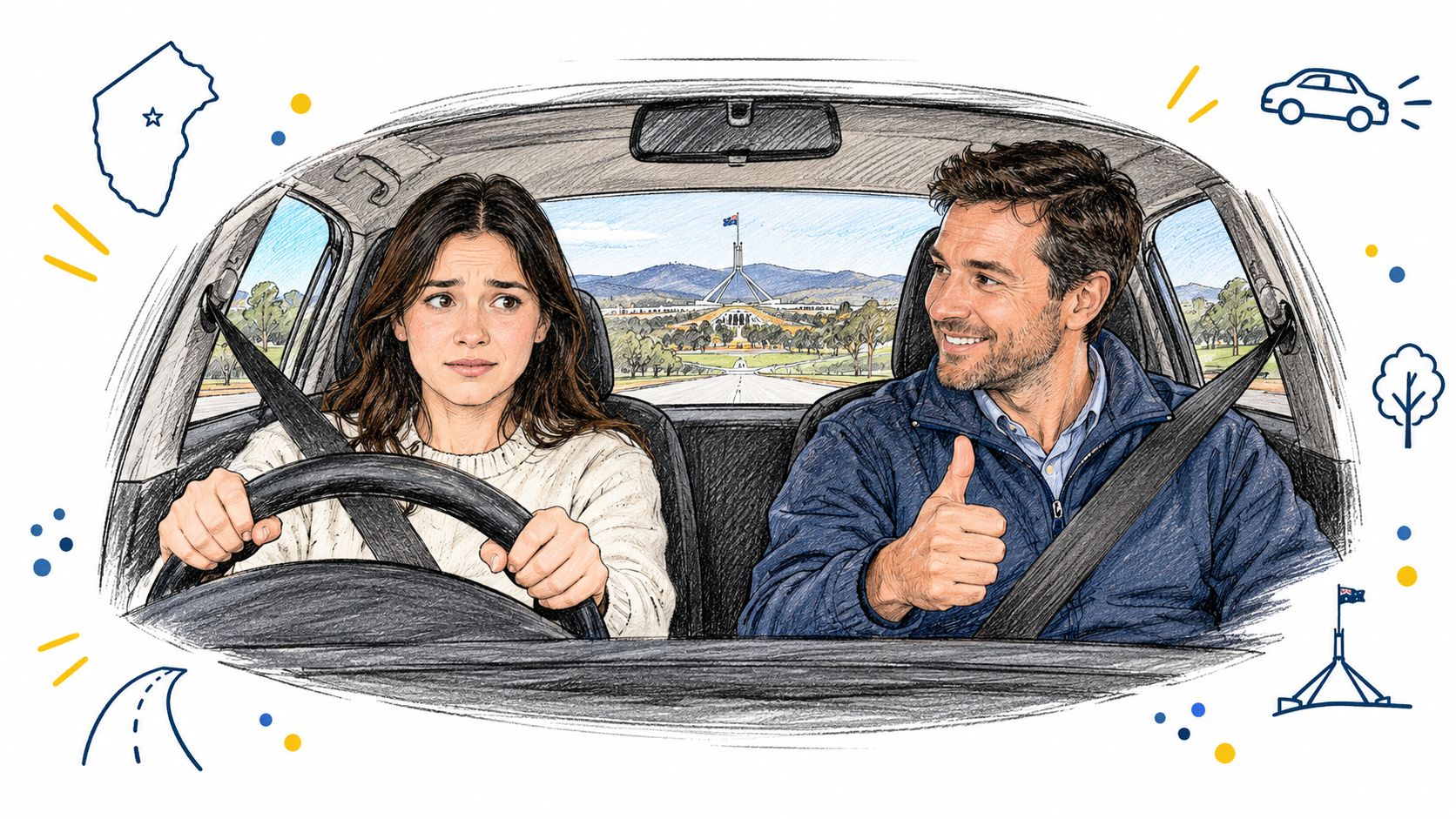 A concerned woman learning to drive in a car while a smiling instructor gives a thumbs up.