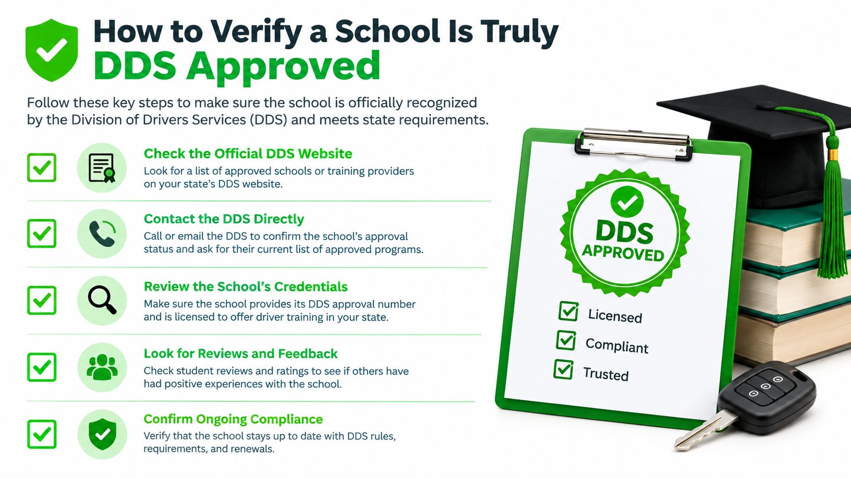 An infographic showing five steps to verify if a driving school is officially approved by the DDS.