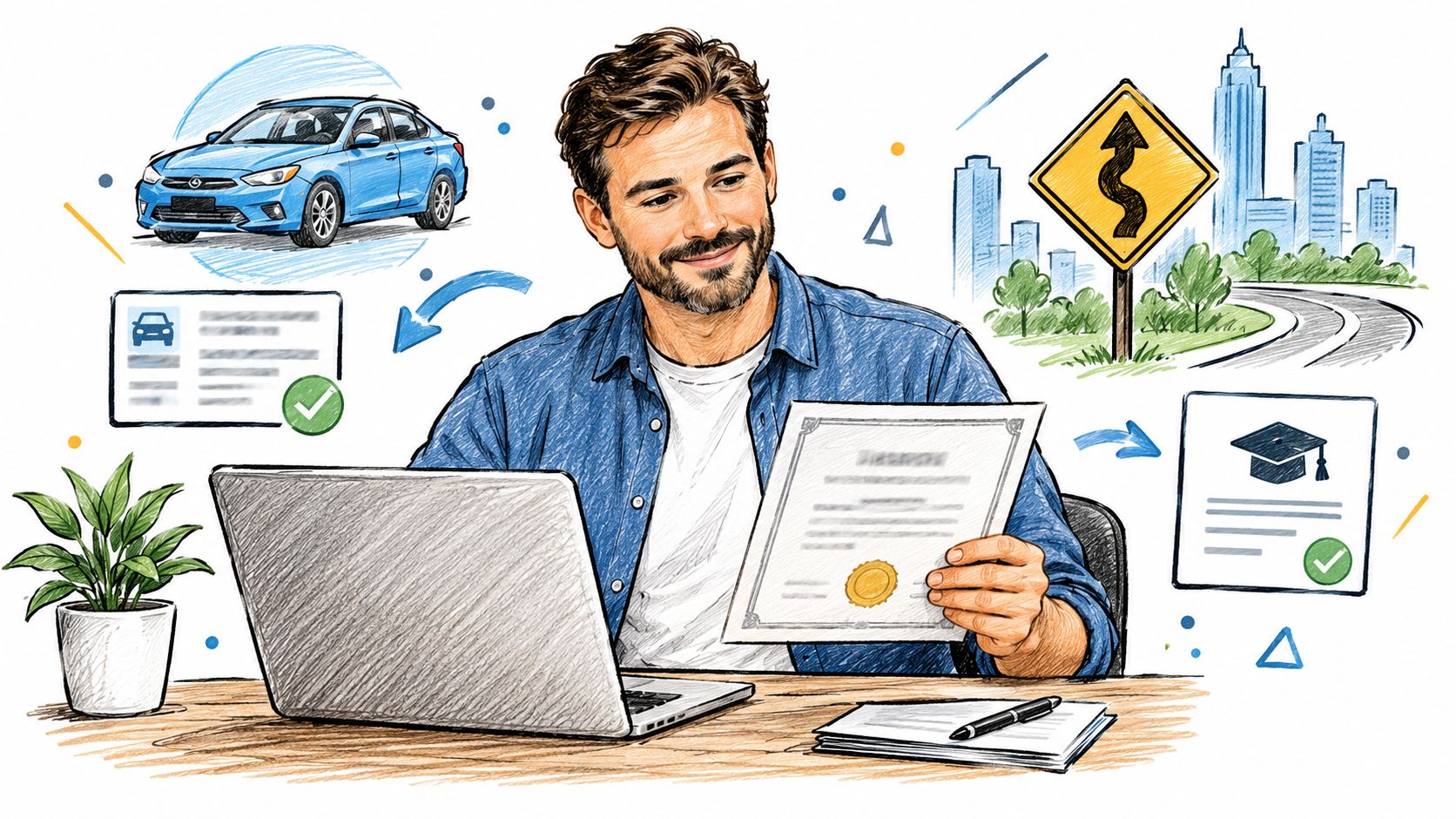A man holds a certificate while working on a laptop with defensive driving icons nearby.