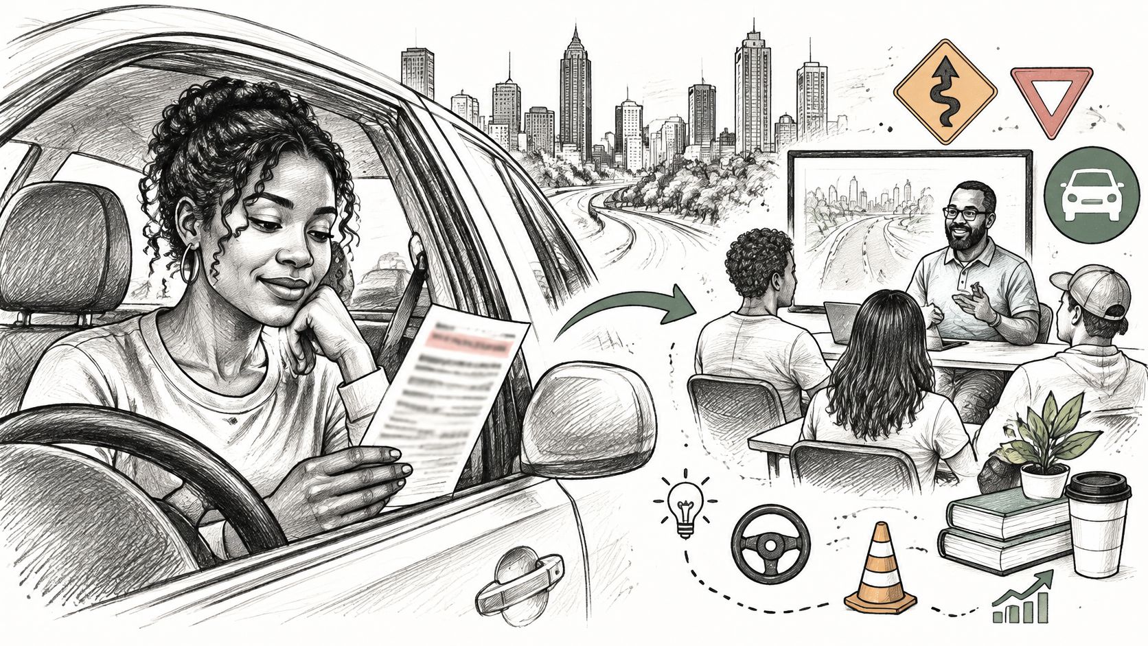 A woman reviewing documents in a car as a transition to a defensive driving classroom session.