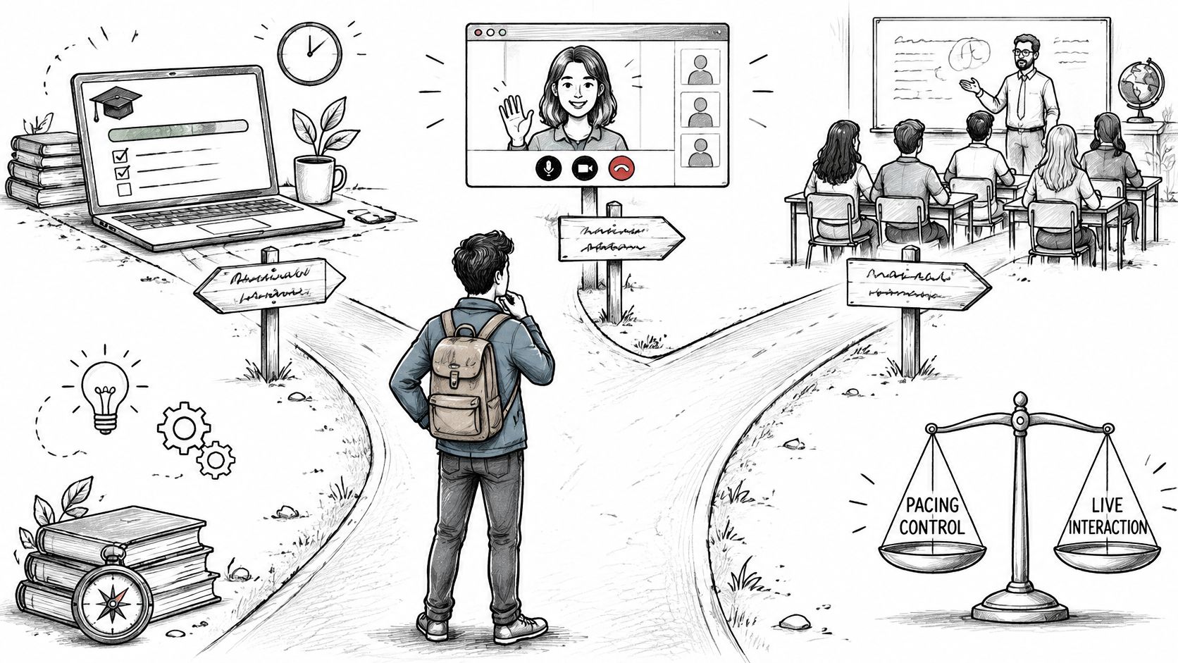 A student standing at a fork in the road choosing between online learning and traditional classroom education.