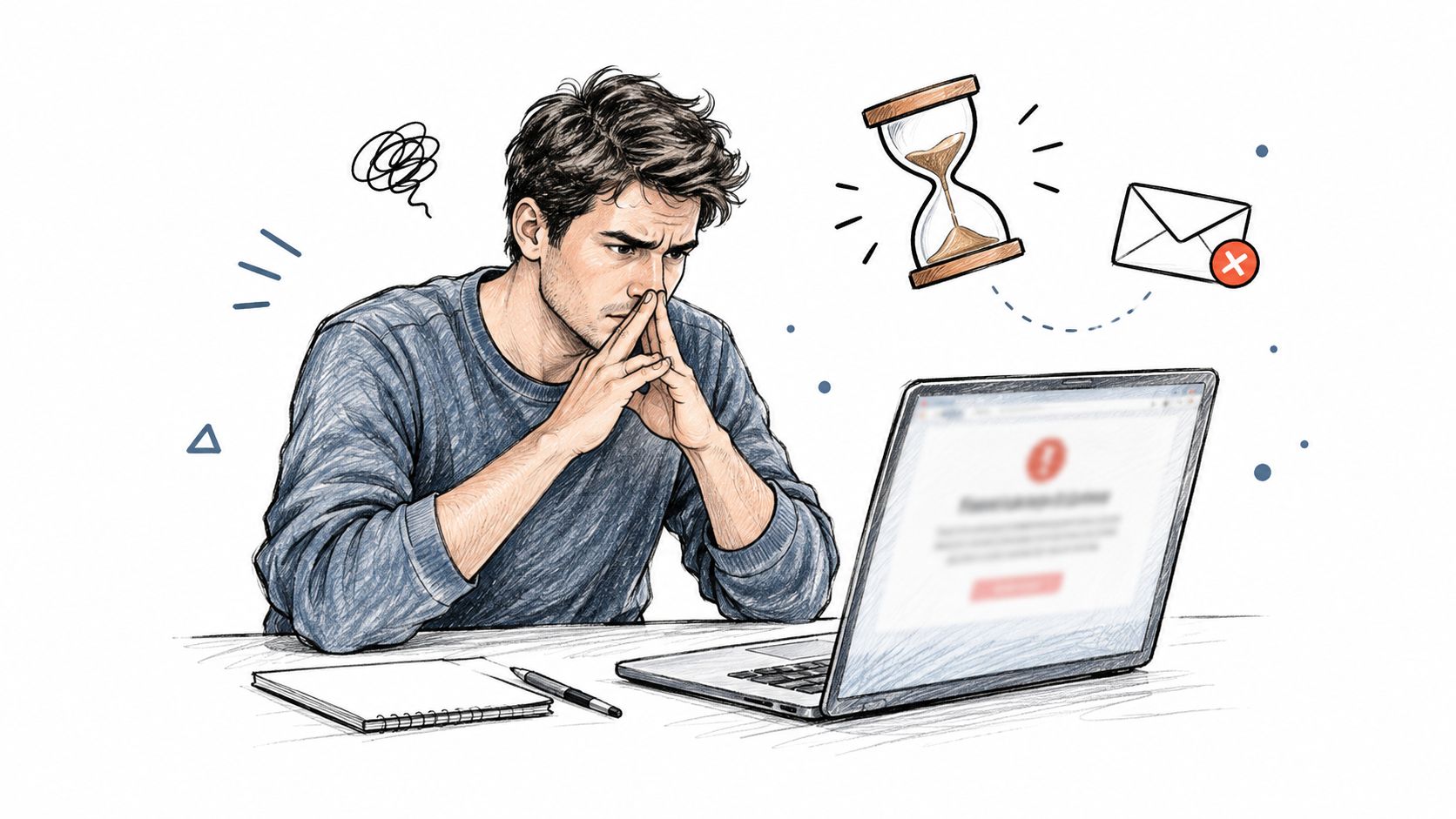 A frustrated man looking at his laptop screen experiencing technical issues during an online course login process.