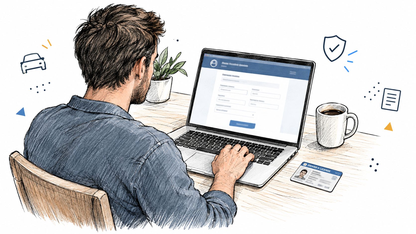 A man sits at a desk using a laptop to complete an online defensive driving course login.