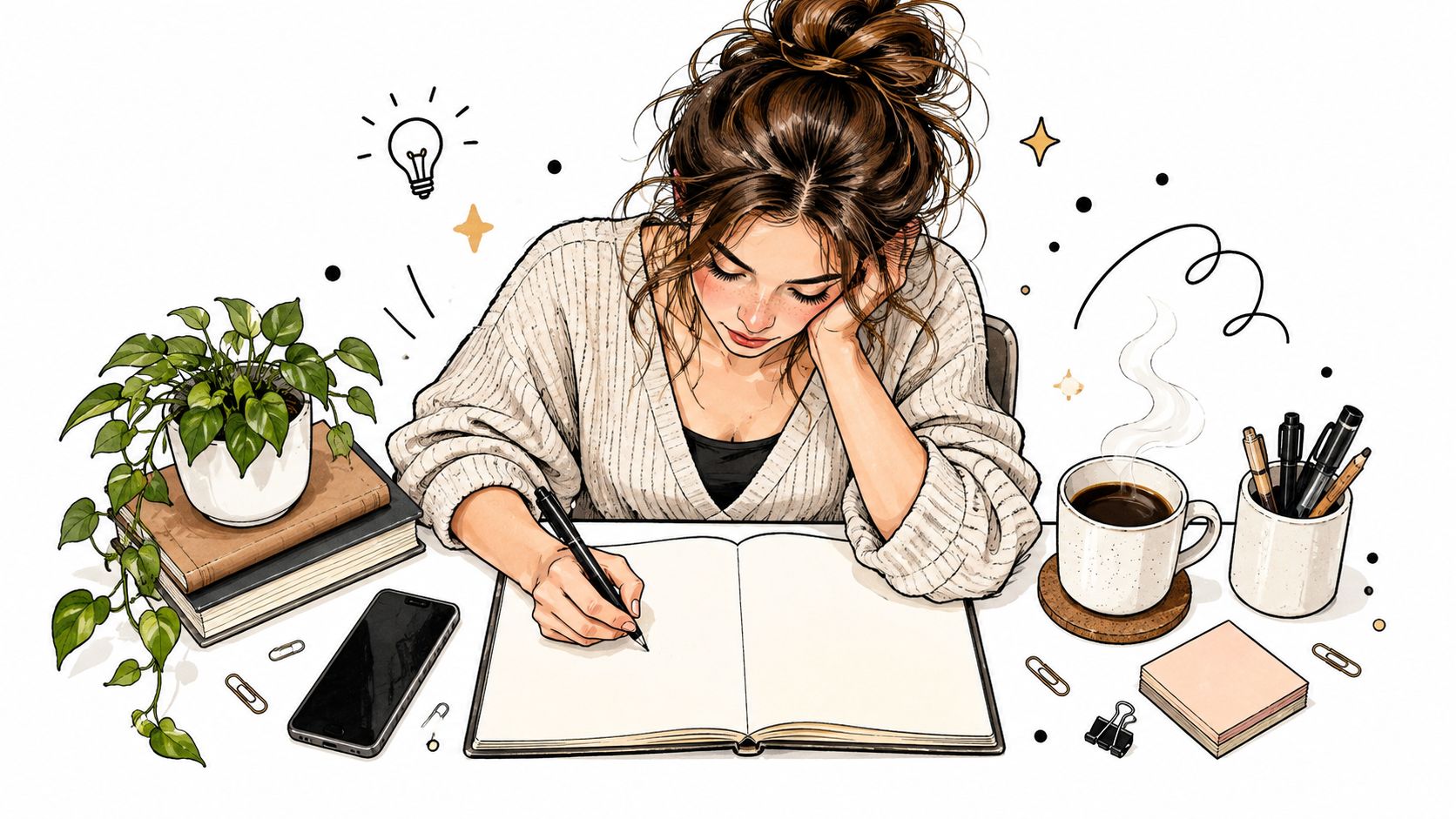 A digital illustration of a young woman with a messy bun thoughtfully writing in an open notebook.