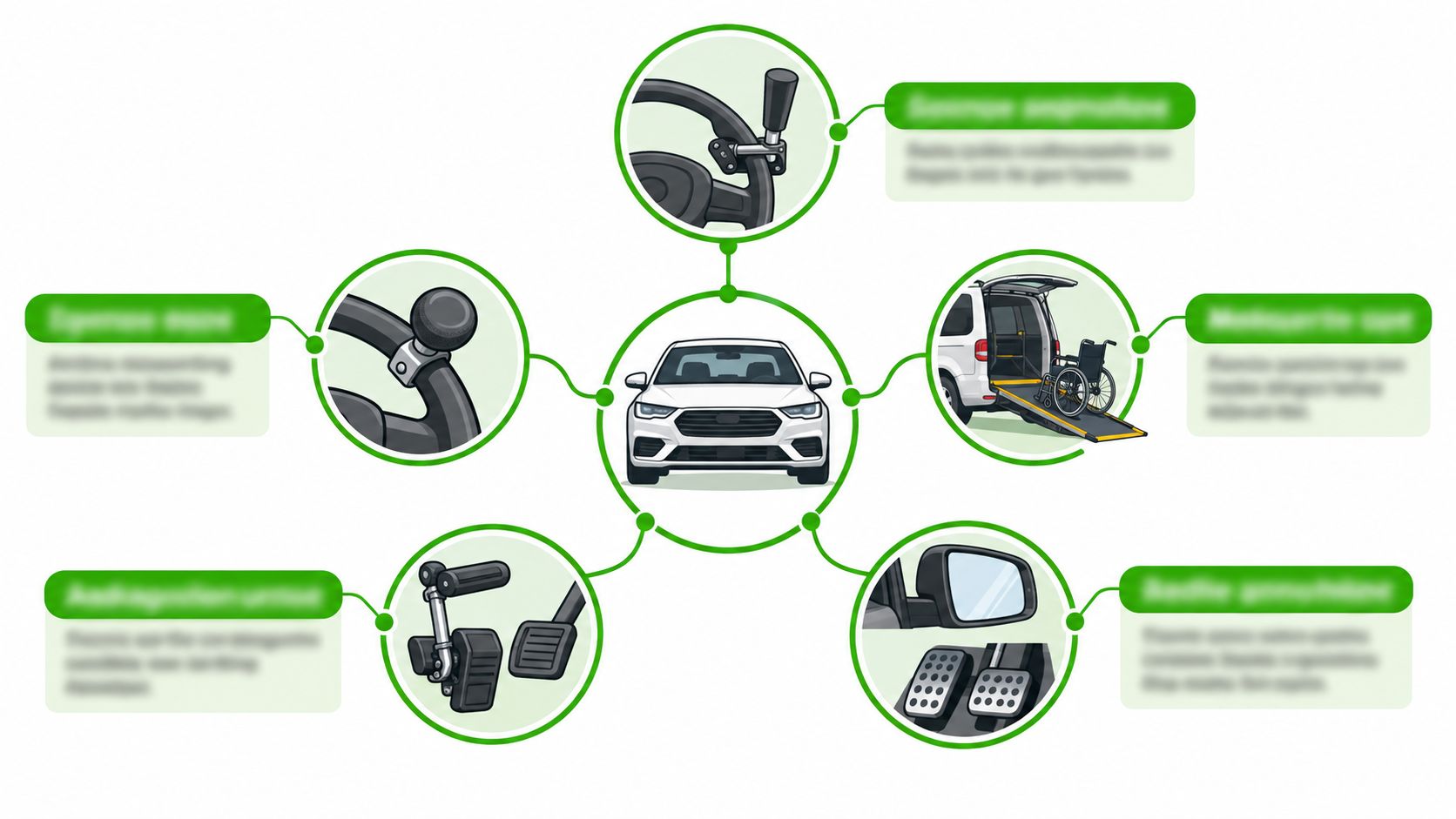 A diagram illustrating various vehicle modifications and adaptive driving equipment for individuals with disabilities.