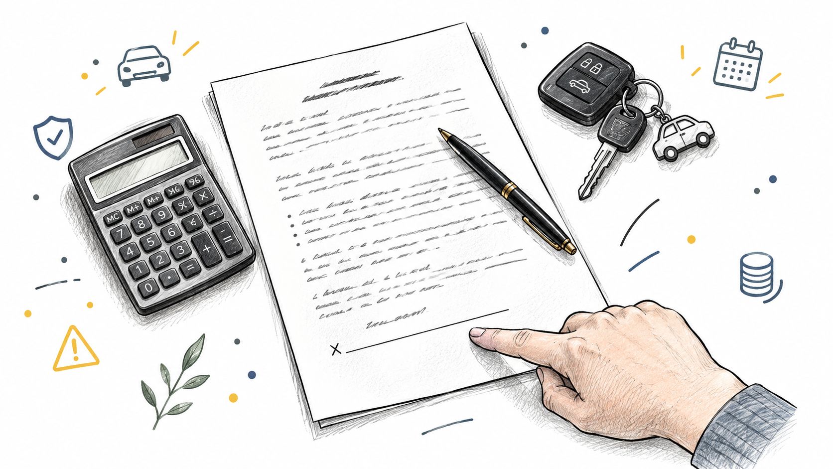A hand pointing to a signature line on a car loan contract with a calculator and keys.