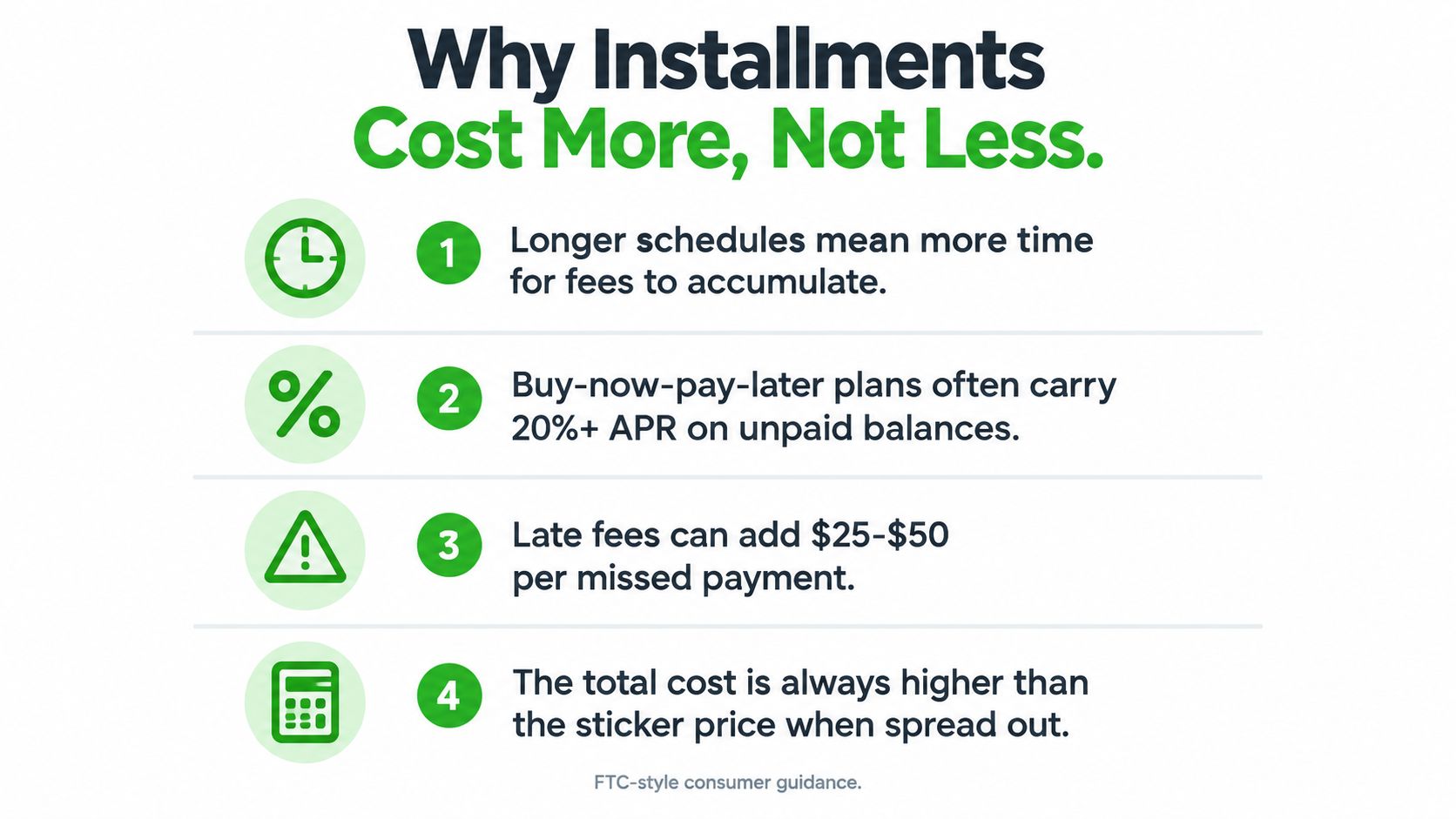 A graphic explaining why installment payment plans often result in higher total costs for consumers.