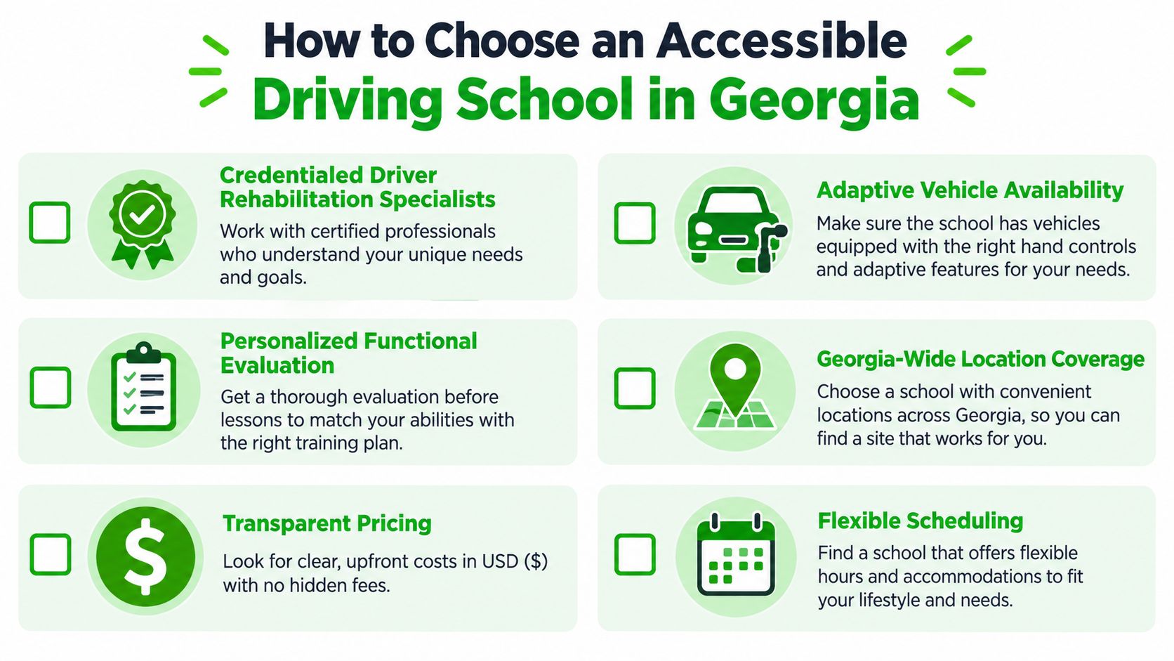 An infographic titled How to Choose an Accessible Driving School in Georgia featuring six key tips.