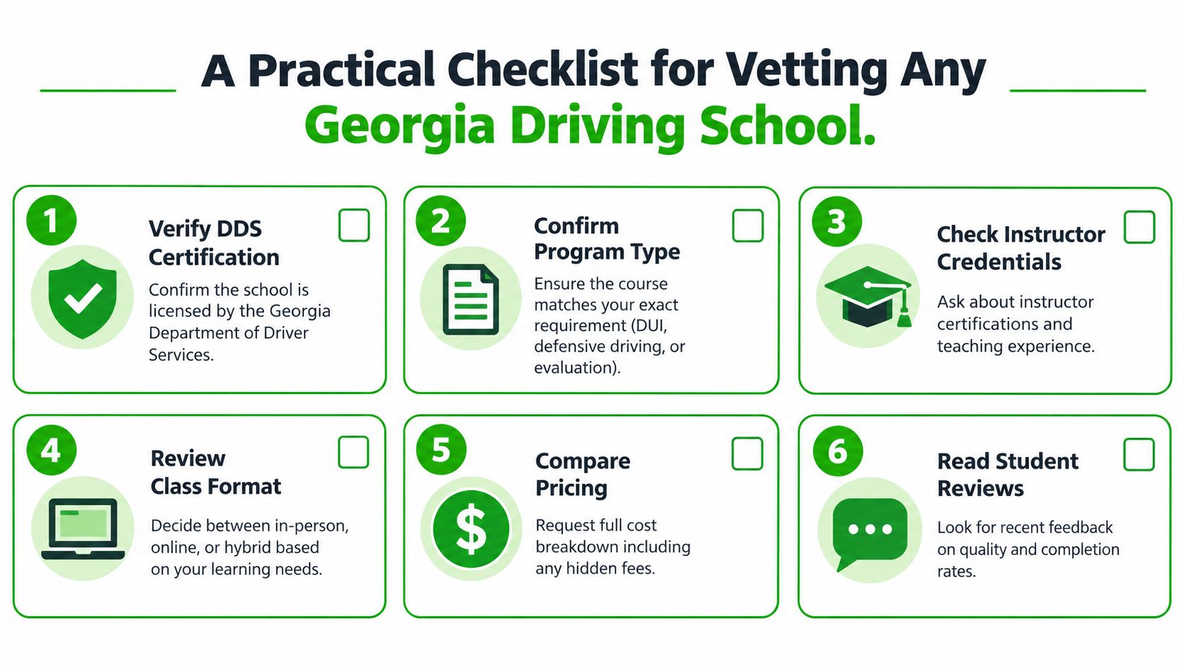 A six-step checklist titled A Practical Checklist for Vetting Any Georgia Driving School in green.