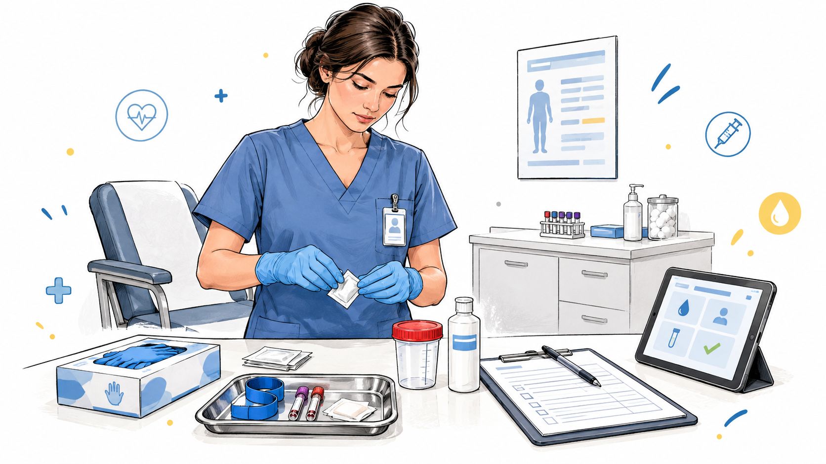 A healthcare professional in blue scrubs prepares medical equipment for a patient follow-up testing procedure.