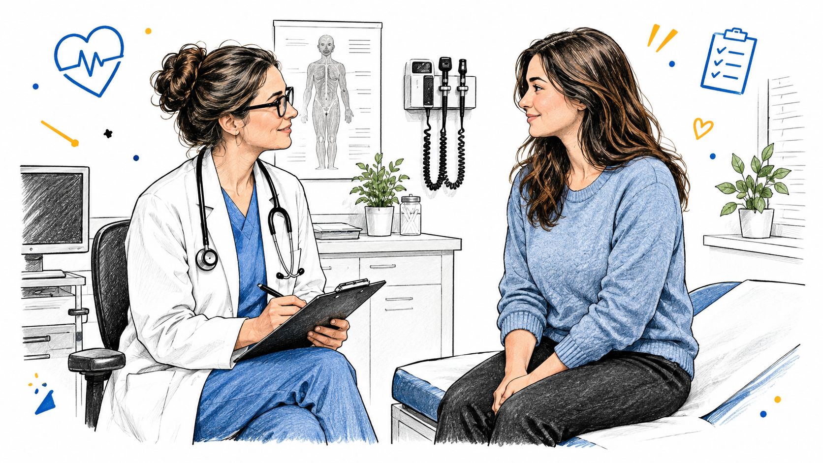 A female doctor with a stethoscope consults with a patient sitting on an examination table.