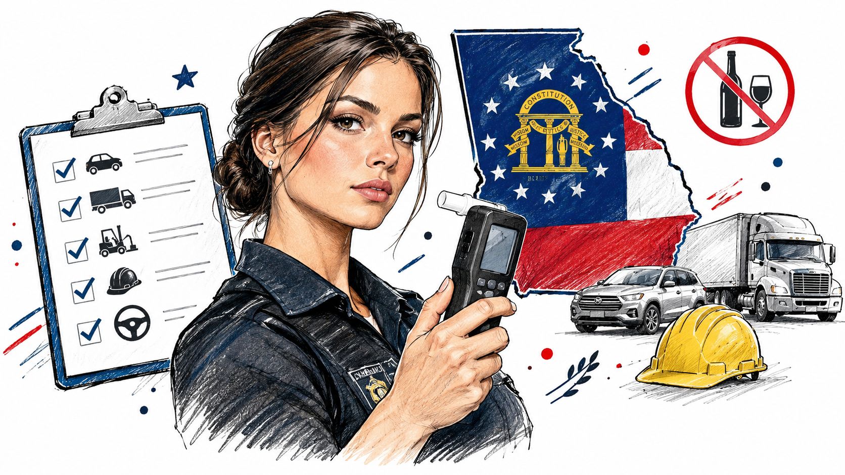 A professional officer holding a breathalyzer test device next to a Georgia map with driving and safety symbols.