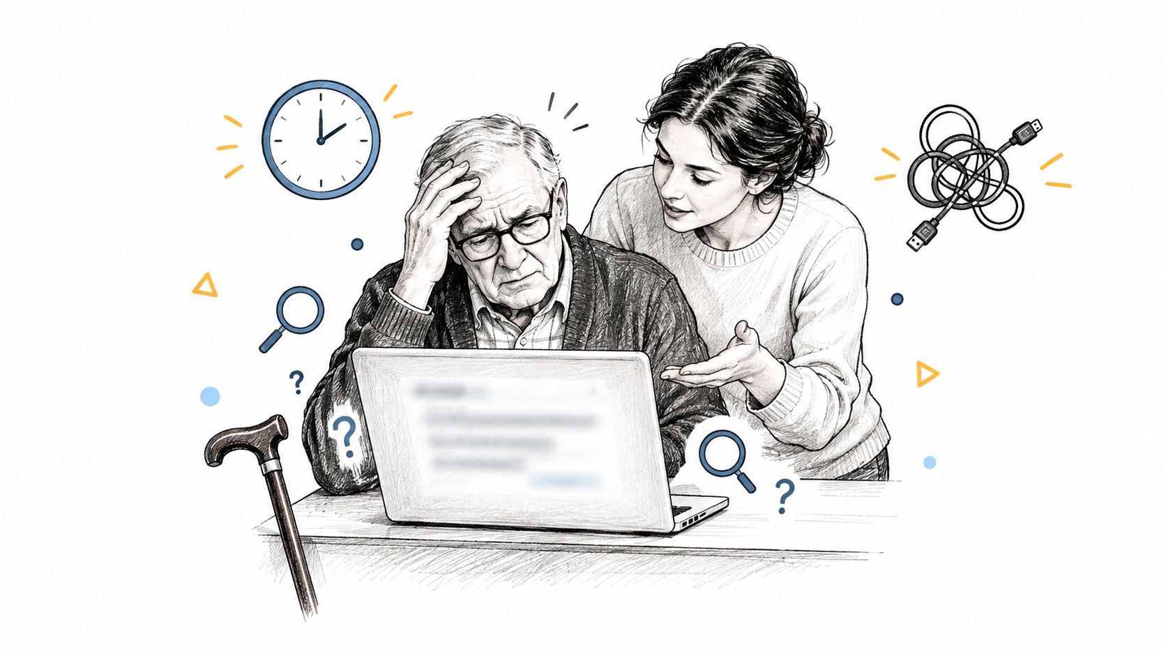 A young woman helping an elderly man who looks confused while using his laptop computer for help.