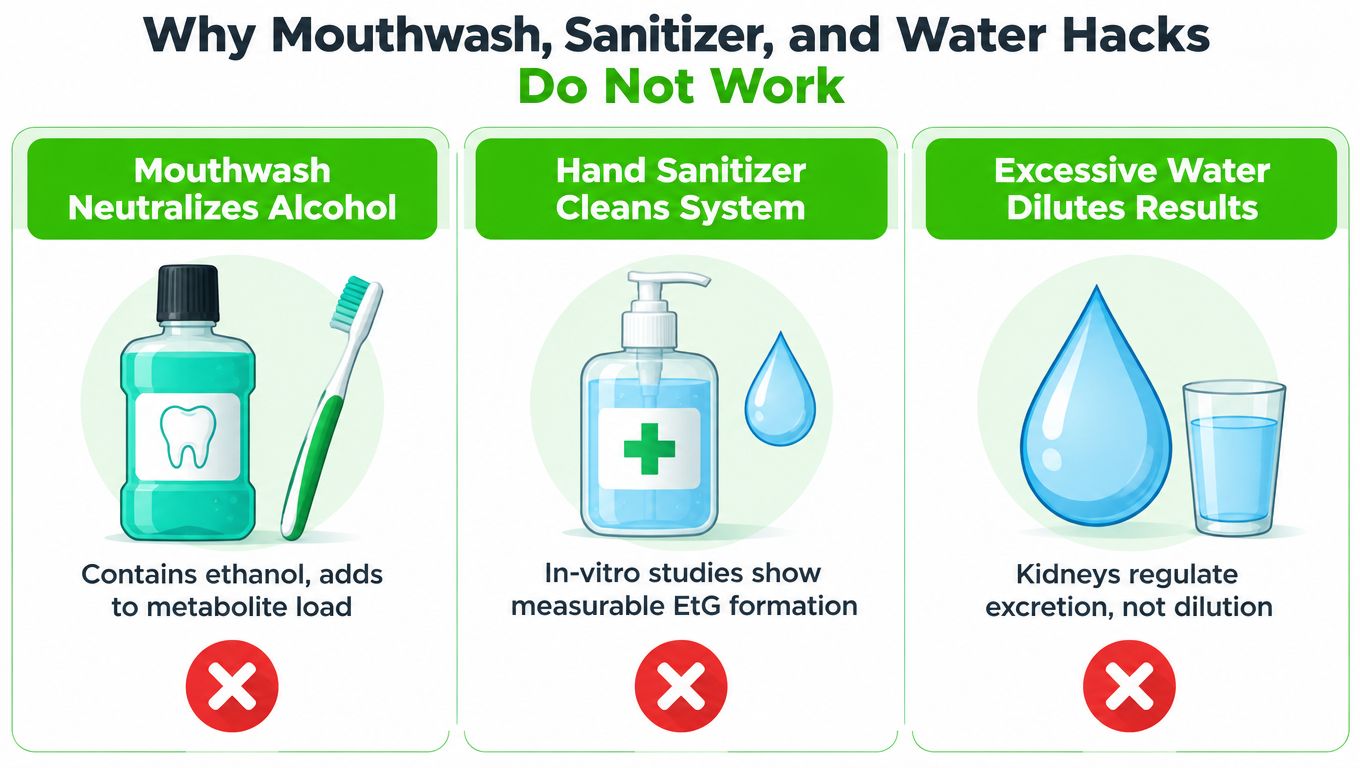 An infographic explaining why using mouthwash, sanitizer, and excess water fails to bypass alcohol urine testing.