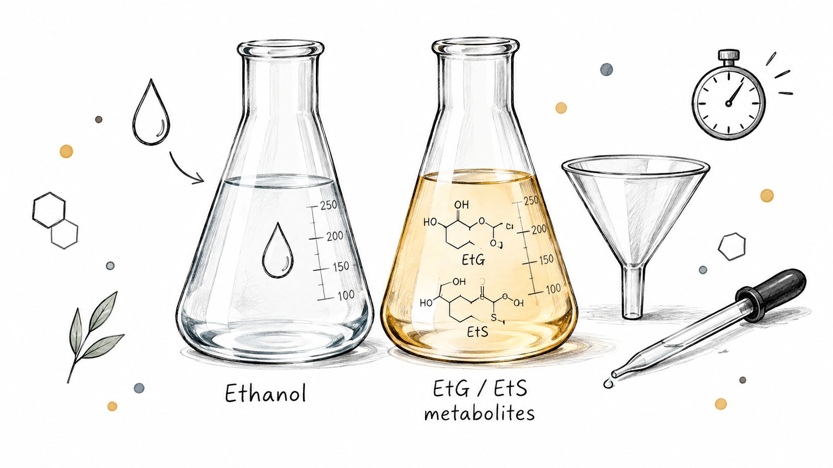 A scientific diagram showing ethanol chemical transformation into EtG and EtS metabolites for medical laboratory testing.