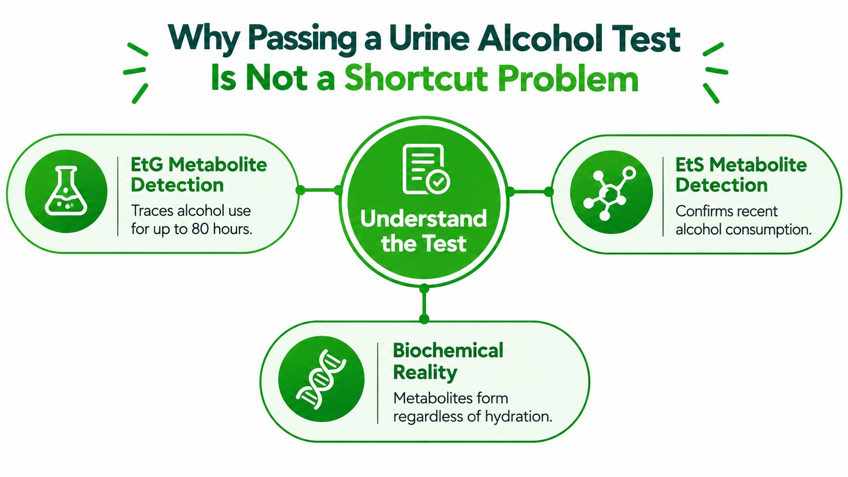 An infographic titled Why Passing a Urine Alcohol Test Is Not a Shortcut Problem explaining test mechanics.